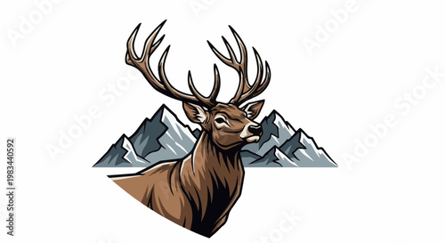 Majestic deer with antlers stands before snow-capped mountains