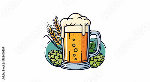 Illustration of a frothy beer mug with barley and hops