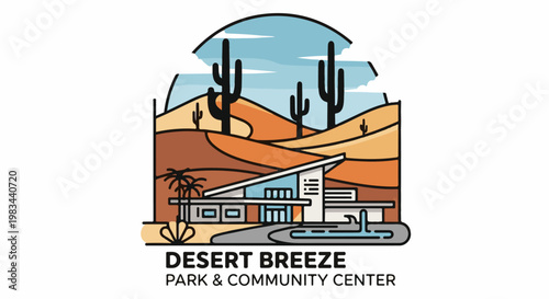 Modern desert oasis with cacti, dunes, and geometric building