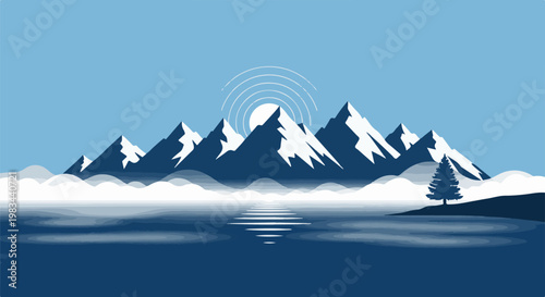 Pixelated mountain range reflected in a calm lake under a bright sky