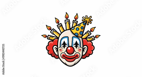 Sad clown with party hat and candles, cartoon illustration