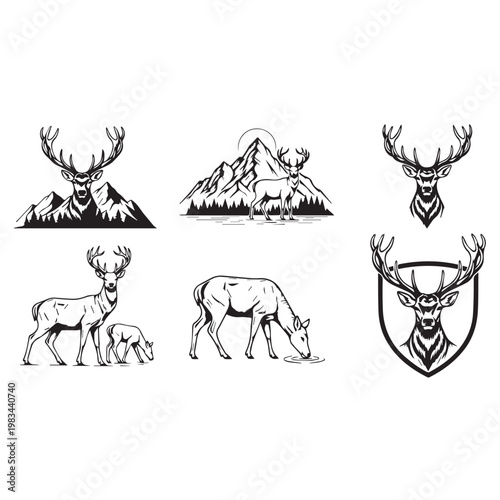 Mountain Stag and Wild Deer Family Vector Graphics with Forest Peaks and Shield Insignia