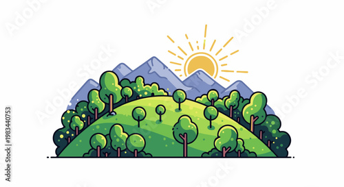 Rolling green hills dotted with trees under a bright sun and mountains