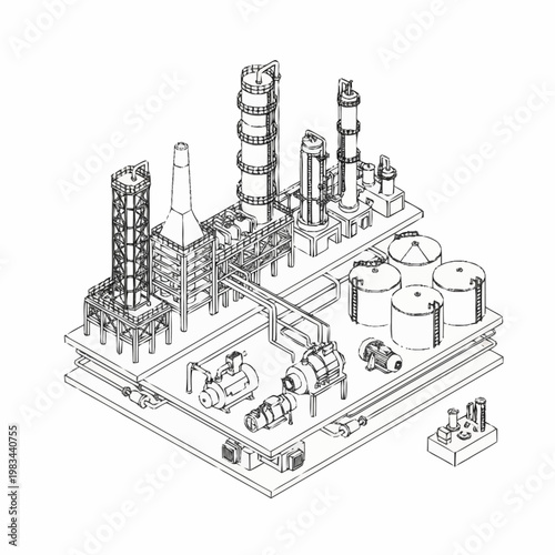 Industrial complex with distillation towers, storage tanks, and pumps, depicted in a line art isometric view.