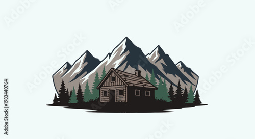 Rustic cabin nestled amidst majestic mountains and evergreen trees