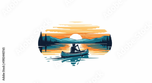 Silhouette of person canoeing on a lake at sunset, mountains in background
