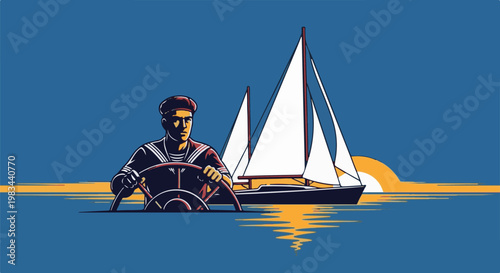 Sailor steering a sailboat with sails up, sunset on the horizon