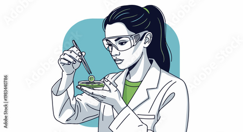 Scientist in safety goggles performs experiment with petri dish