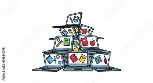 Stack of laptops displaying books, pencils, and apples