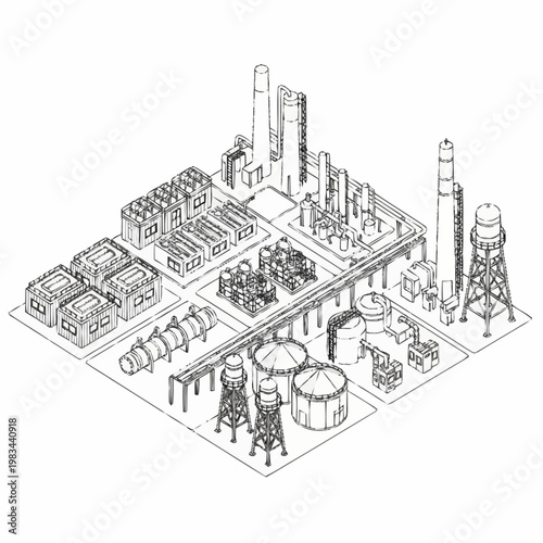 Isometric line drawing of a large industrial factory complex with multiple buildings, tanks, and smokestacks.