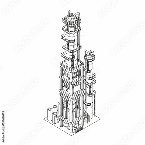 Detailed isometric line drawing of a complex industrial distillation column and associated equipment.