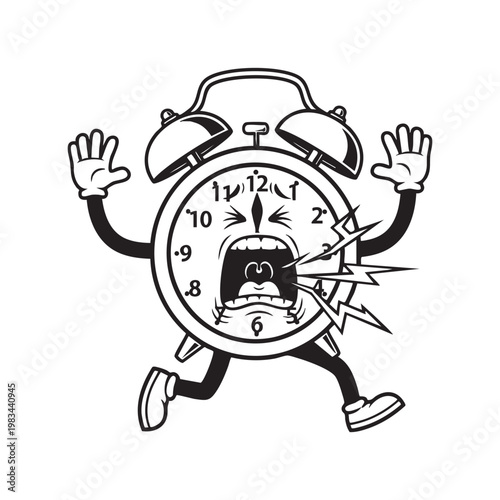 An anthropomorphic alarm clock character is screaming and running depicted in a striking silhouette high quality