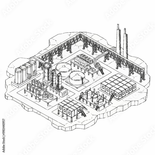 Industrial complex with tanks, pipes, and structures, depicted in a detailed isometric line drawing.