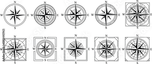Compass Rose Icon Set Navigation Direction Map Wind Rose Collection Vector Illustration