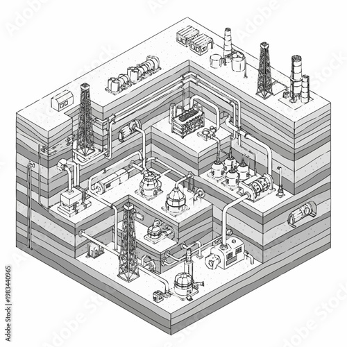 Isometric illustration of an underground oil and gas extraction facility with detailed machinery and geological layers.