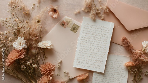 A soft peach backdrop flat lay with handwritten recipe cards, blush envelopes, and scattered dried florals under bright diffused daylight
