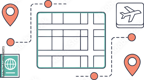 Travel concept featuring a map, passport, airplane and location pins on white