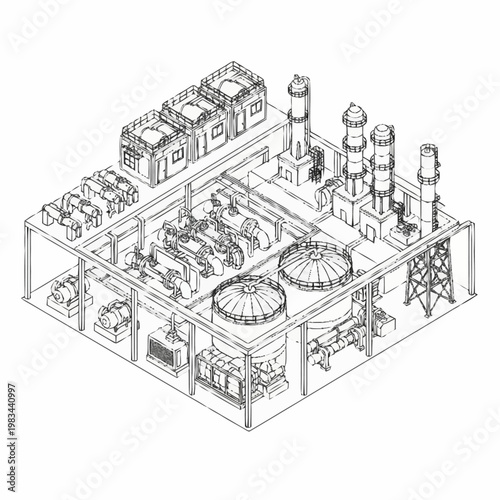 Isometric line drawing of a power plant with turbines, generators, and cooling towers.