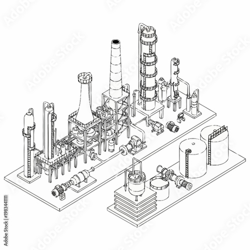 Detailed isometric line drawing of a complex industrial oil refinery with multiple towers and storage tanks.