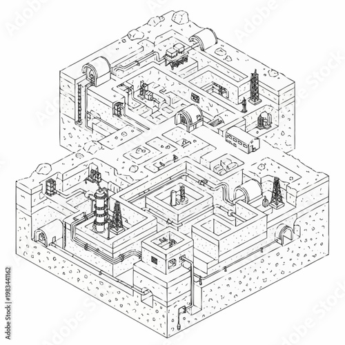 Isometric illustration of a complex underground bunker facility with multiple levels and interconnected structures.