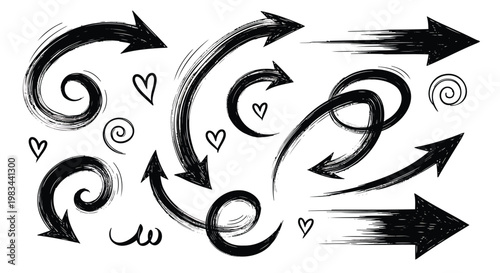 Brush stroke arrows, hearts, swirls, black ink icons, vector graphics, motion symbols