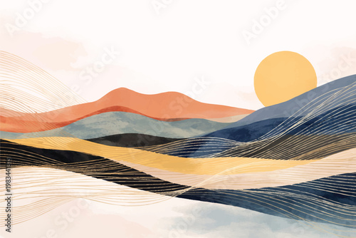 Abstract Minimal Landscape Background with Golden Line Waves – Modern Mountain Sunset Illustration for Wallpaper, Branding & Digital Design