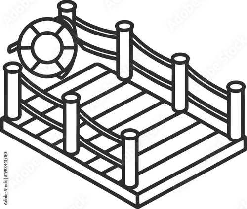 An isometric drawing depicts a square wooden dock with rope fences and a life preserver ring