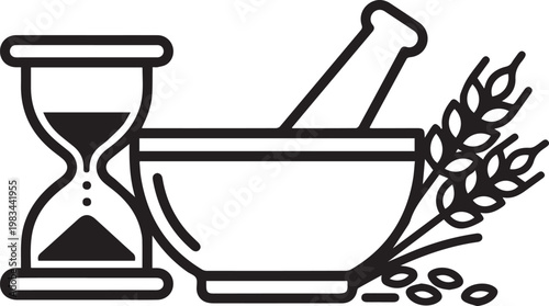 Premium Black & White Vector Icon Set: Mortar & Pestle with Hourglass & Grain Symbolizing Time, Alchemy, Grinding, and Harvest—Perfect for Apothecary Brands, Herbal Medicine, Alchemy