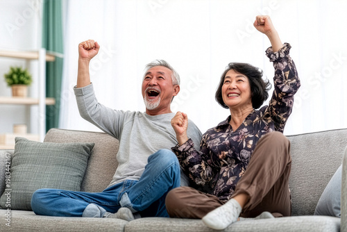 Happy Older Asian Couple Celebrating Success with Laptop in Home
