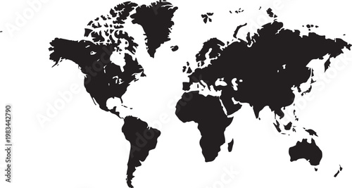 Minimalist black world map illustration with continents isolated on transparent background
