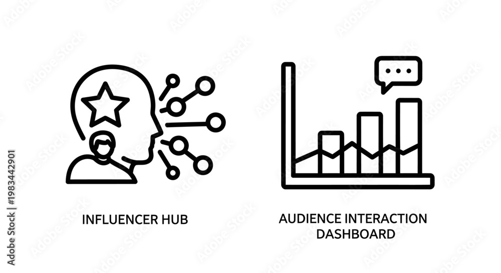 Fototapeta premium Influencer hub and audience interaction dashboard icon set with influencer