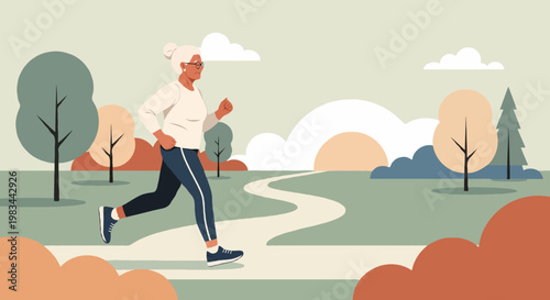 Active senior woman with grey hair jogging in a sunny public park along a winding path surrounded by trees and bushes. Modern flat vector illustration with a focus on healthy aging and vitality.
