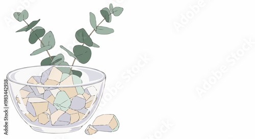 Minimalist composition of decorative crystals and stones in a clear glass bowl with fresh eucalyptus branches on white background. Clean line art illustration for spa and wellness branding.