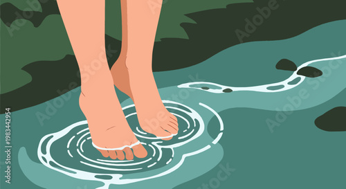 Close up of bare human feet stepping into a clear flowing stream with gentle water ripples and forest greens. Flat vector illustration capturing the feeling of nature connection and cooling.