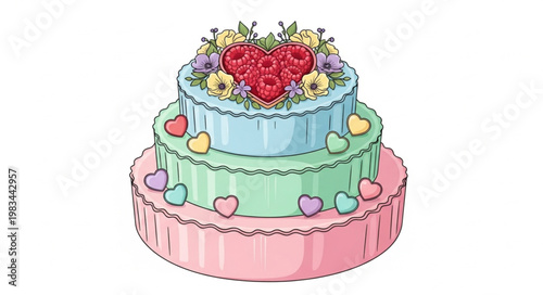 Three Tier Heart Decorated Cake with Flowers.