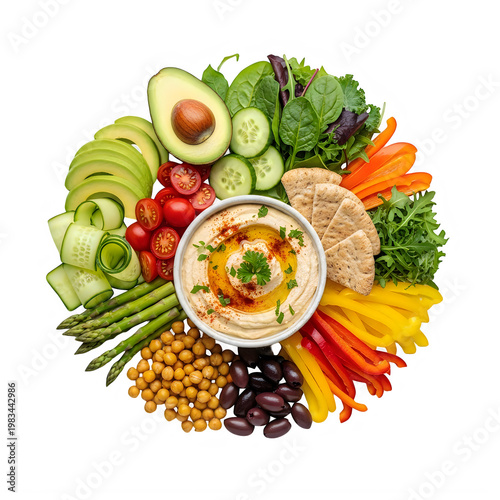 Colorful arrangement of fresh vegetables and fruits in a circular pattern
