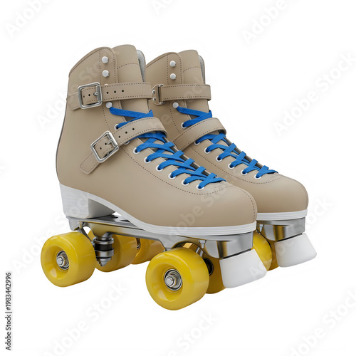 Pair of white roller skates with yellow wheels and ankle support straps