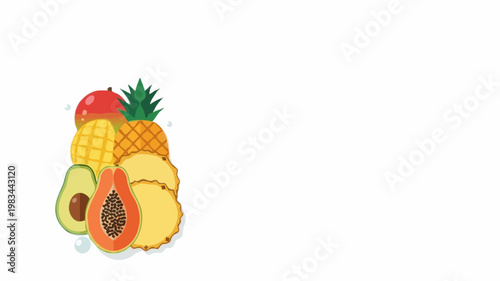 Vibrant assortment of tropical fruits including sliced pineapple and papaya with mango and avocado arranged on white background in clean minimalist flat vector design with bright organic color tones.