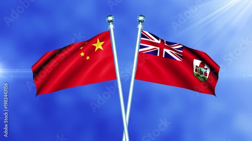 China and Bermuda Flag Waving On Pole Loop