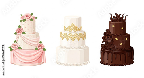 Three tiered cakes with different decorations and flavors.
