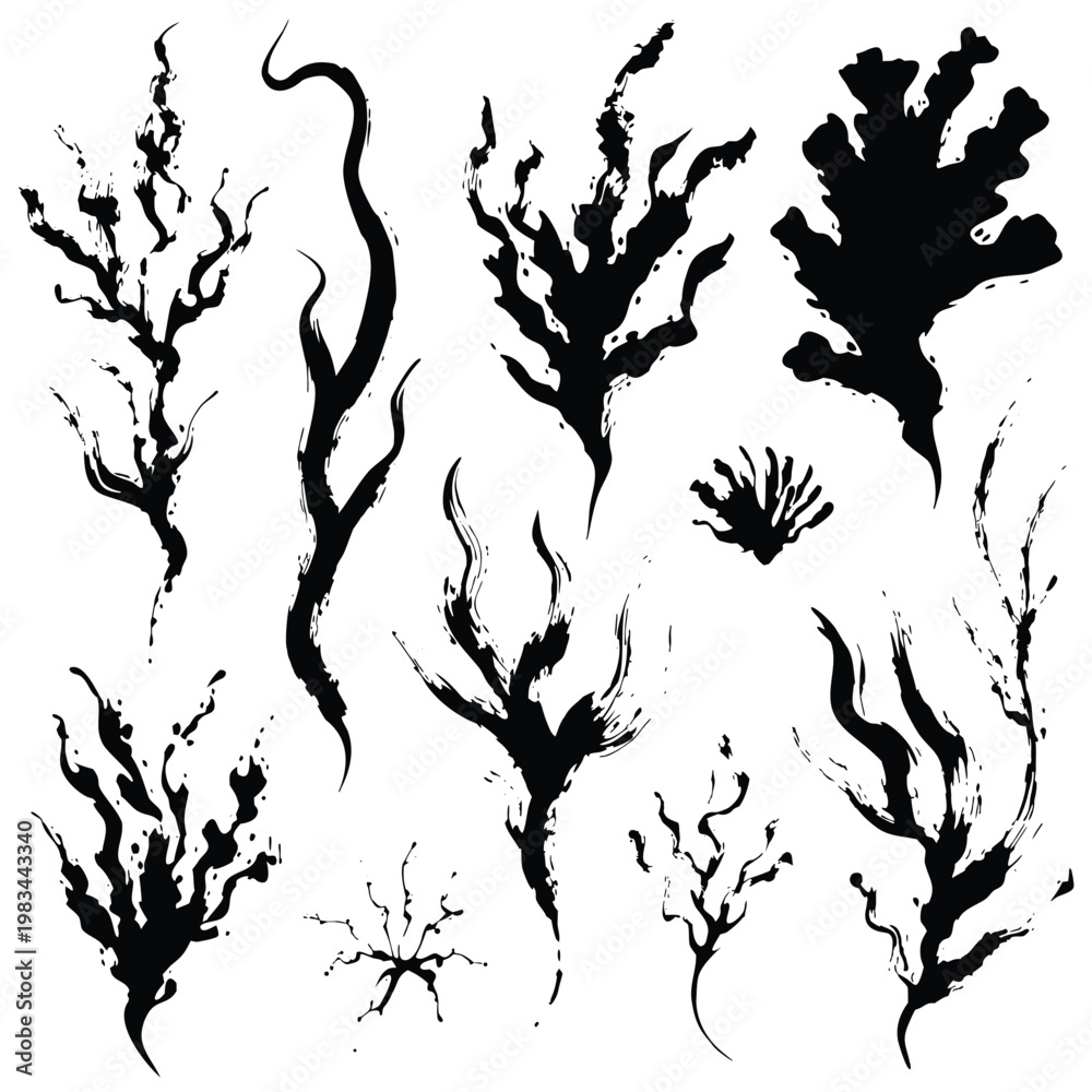 Obraz premium Traditional Japanese Sumi-e Abstract Smoke and Seaweed Ink Silhouettes Set