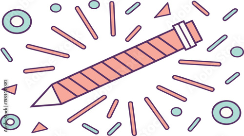 Striped pencil with surrounding geometric shapes on a plain white background