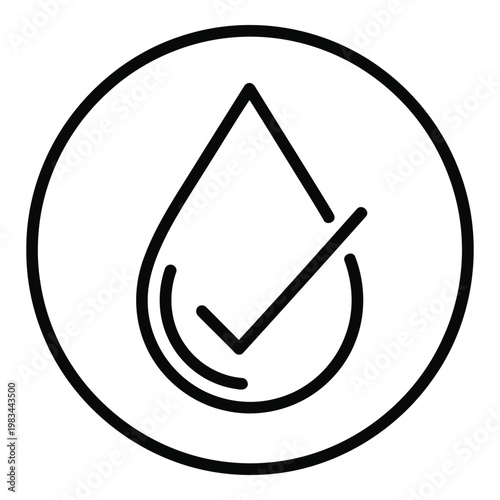 A clean water drop icon with a checkmark inside a circle, symbolizing purity and approval for safe drinking water and hygiene