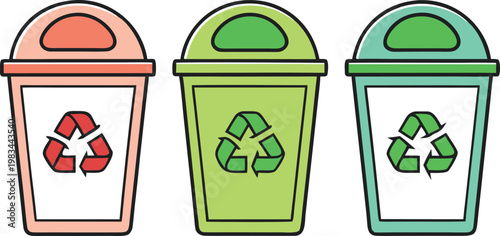 Three recycling bins with universal recycle symbols for waste sorting on a white background