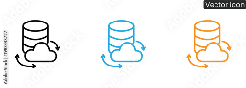 Vector icons of database syncing with cloud storage in three colors, ideal for app, web, or software design