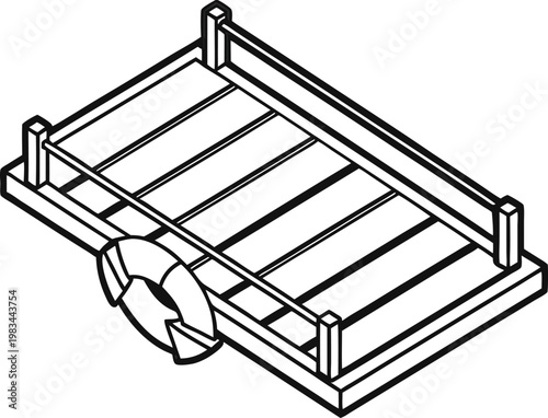 An isometric drawing features a rectangular wooden pier or dock with a life preserver ring attached
