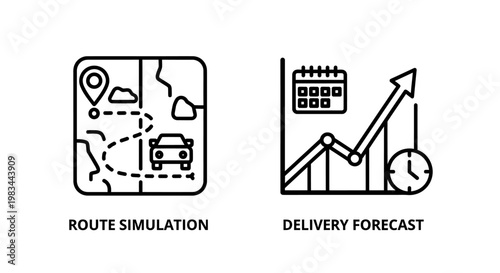 Route simulation and delivery forecast logistics icons with simulation, delivery