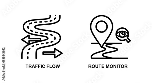 Traffic flow and route monitor navigation logistics icons set with navigation