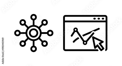 Digital network hub and data analytics browser line icon set with analytics