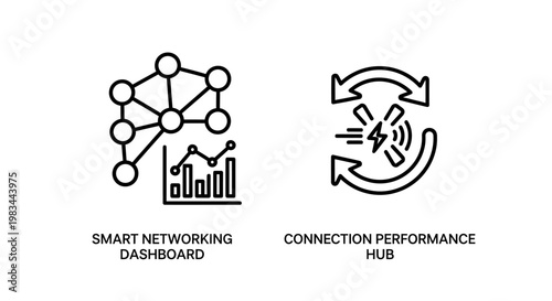 Smart networking dashboard and connection performance hub infrastructure icons